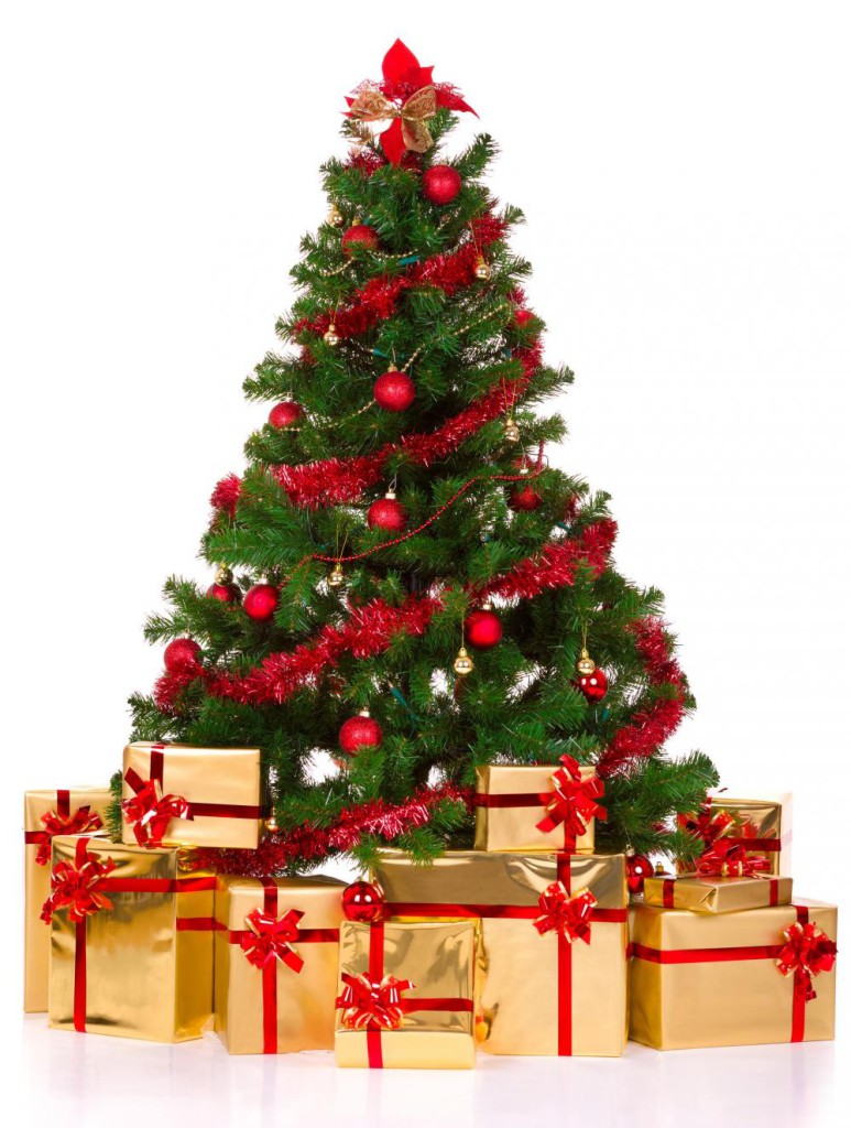 Christmas-Tree-Decorations-Ideas-with-Gifts-and-Red-Ribbon